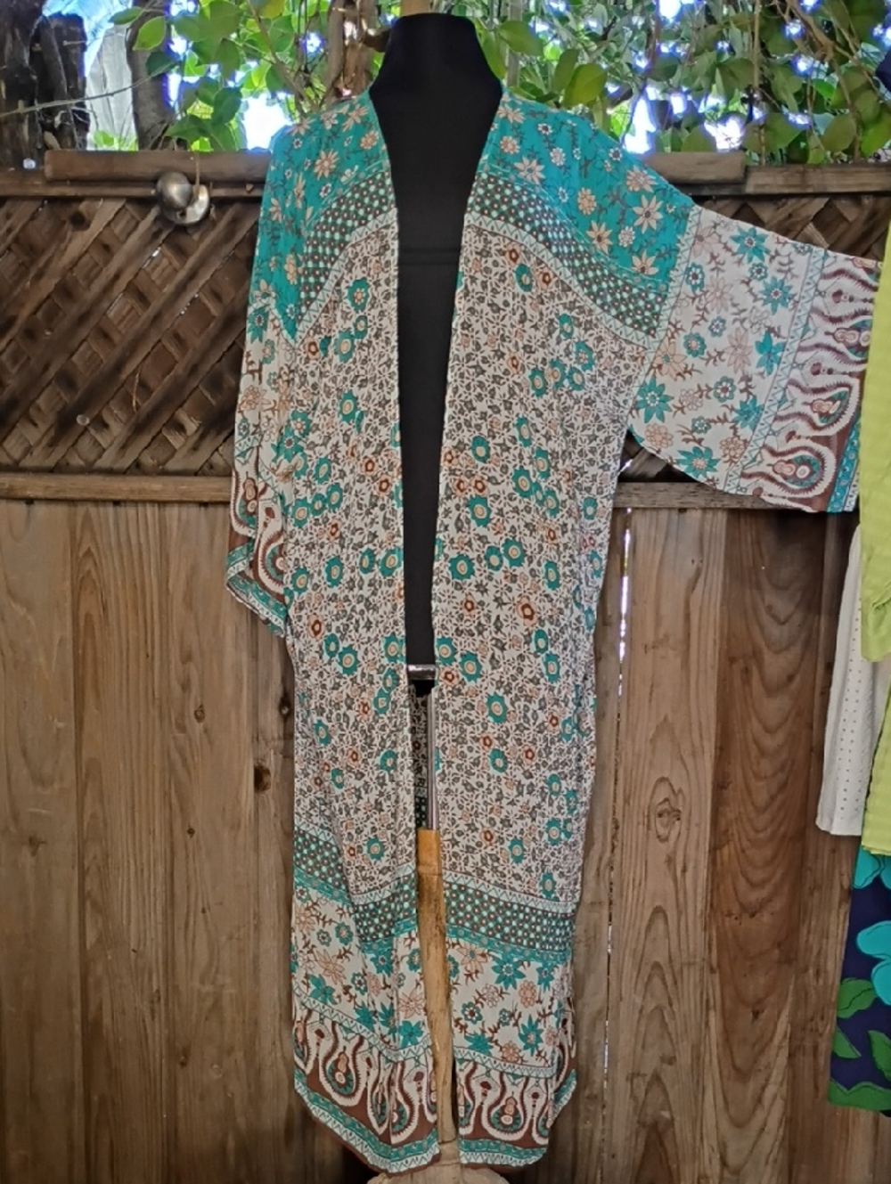 Boho Floral Kimono Duster in Teal and Cream